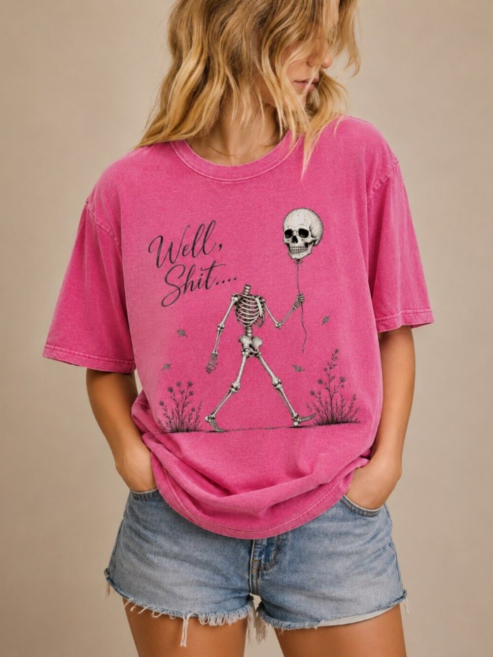 Skull Balloon Graphic Tee, Vintage Washed Oversized T, Well Shit Skeleton Shirt